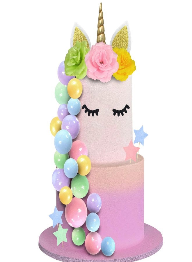 DRWATE 41 PCS Unicorn Cake Topper Unicorn Flower Cake Decorations with Flowers Balls Unicorn Happy Birthday Cake Decorations (Multicolor) - Image 1